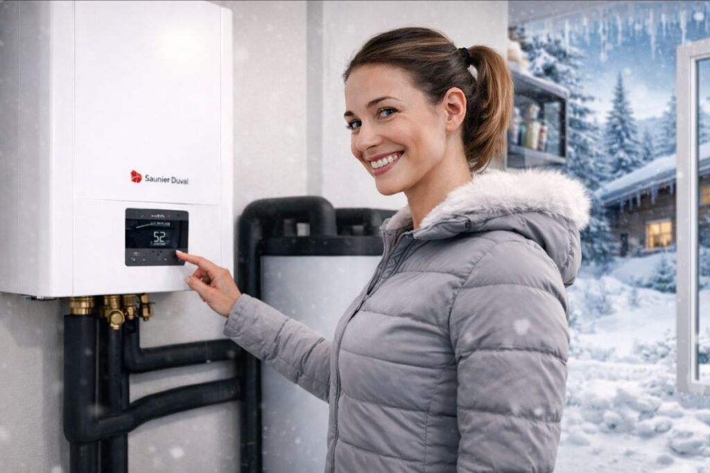Femme souriante réglant une chaudière Saunier Duval moderne dans une maison, illustrant le choix du bon modèle de chaudière Saunier Duval en 2026.