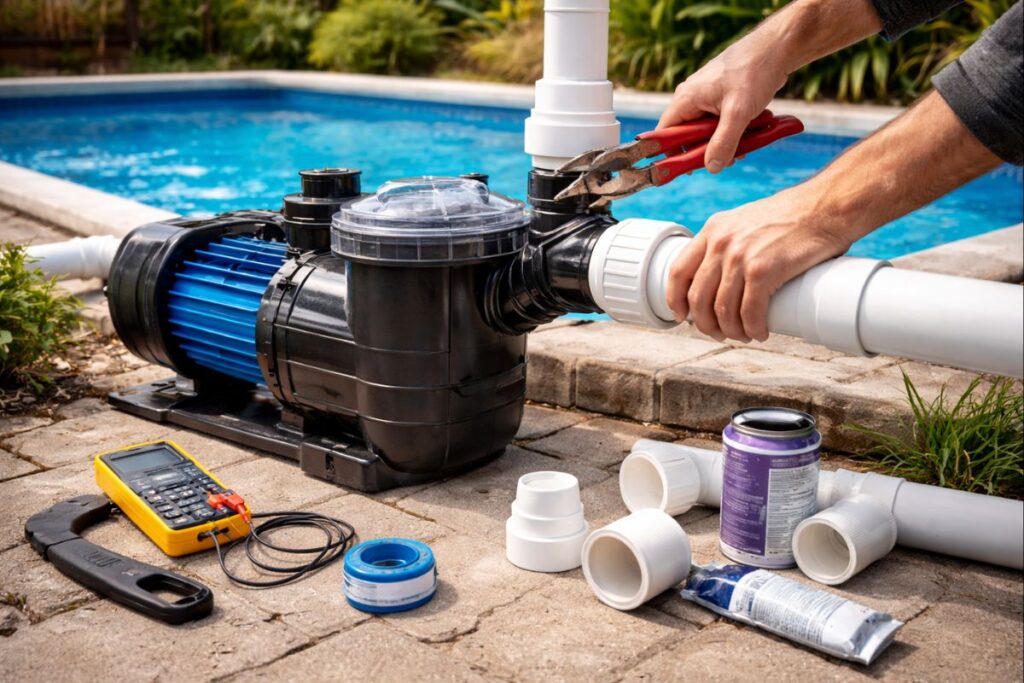 Branchement d’une pompe pour piscine avec tuyaux PVC et outils de raccordement à côté du bassin