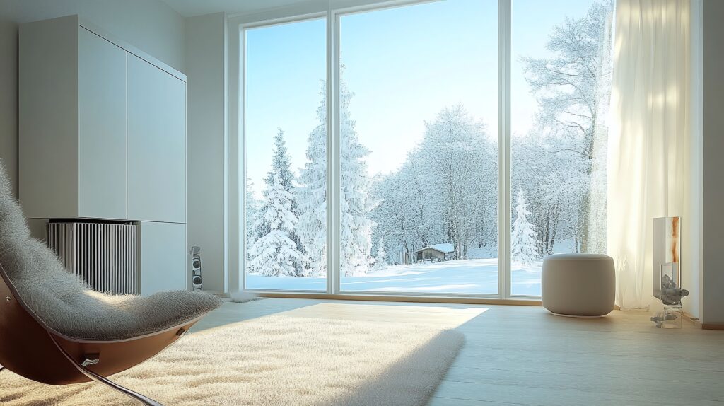 Salon lumineux avec baie vitrée donnant sur un paysage enneigé, illustrant le confort intérieur en hiver.