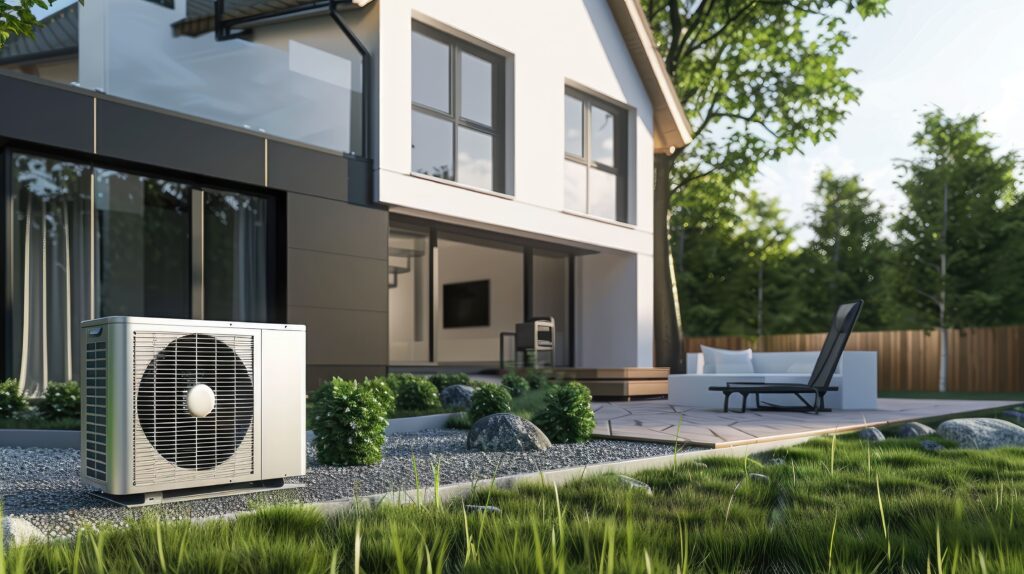 Pompe à chaleur installée à l’extérieur d’une maison moderne, intégrée dans un jardin paysagé pour le chauffage et la climatisation.