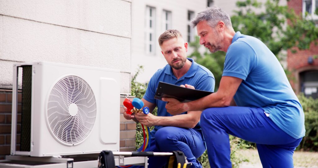 Techniciens installant et contrôlant une pompe à chaleur extérieure lors d’un diagnostic.