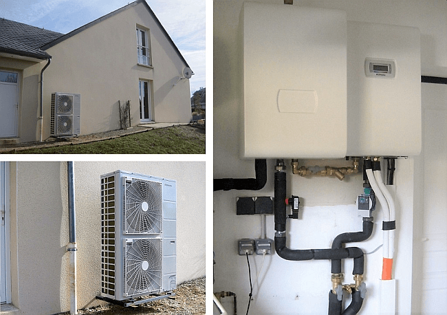 Trois vues d’une installation de pompe à chaleur : unités extérieures montées sur mur et sol, et module intérieur avec raccordements hydrauliques.