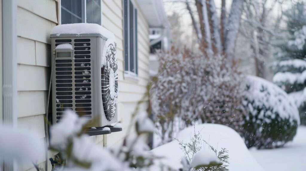 Pompe à chaleur extérieure recouverte de neige en hiver, installée contre une maison, montrant son fonctionnement en période de froid.
