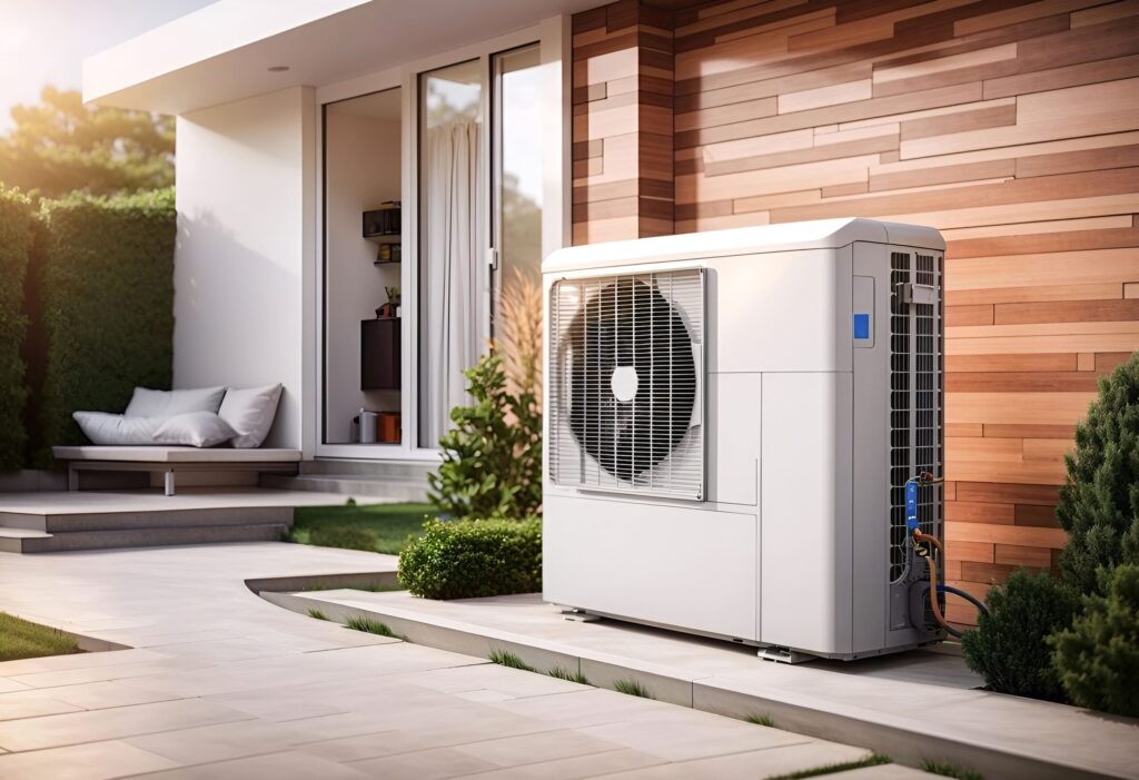 Pompe à chaleur air-eau moderne installée dans le jardin d’une maison contemporaine, avec unité extérieure silencieuse.